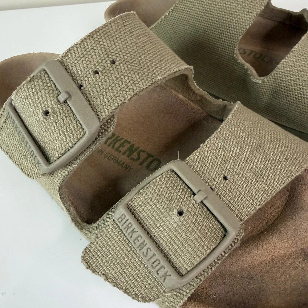 Birkenstock Arizona Women 38N Vegan Olive Double Strap Buckle Slides Boho